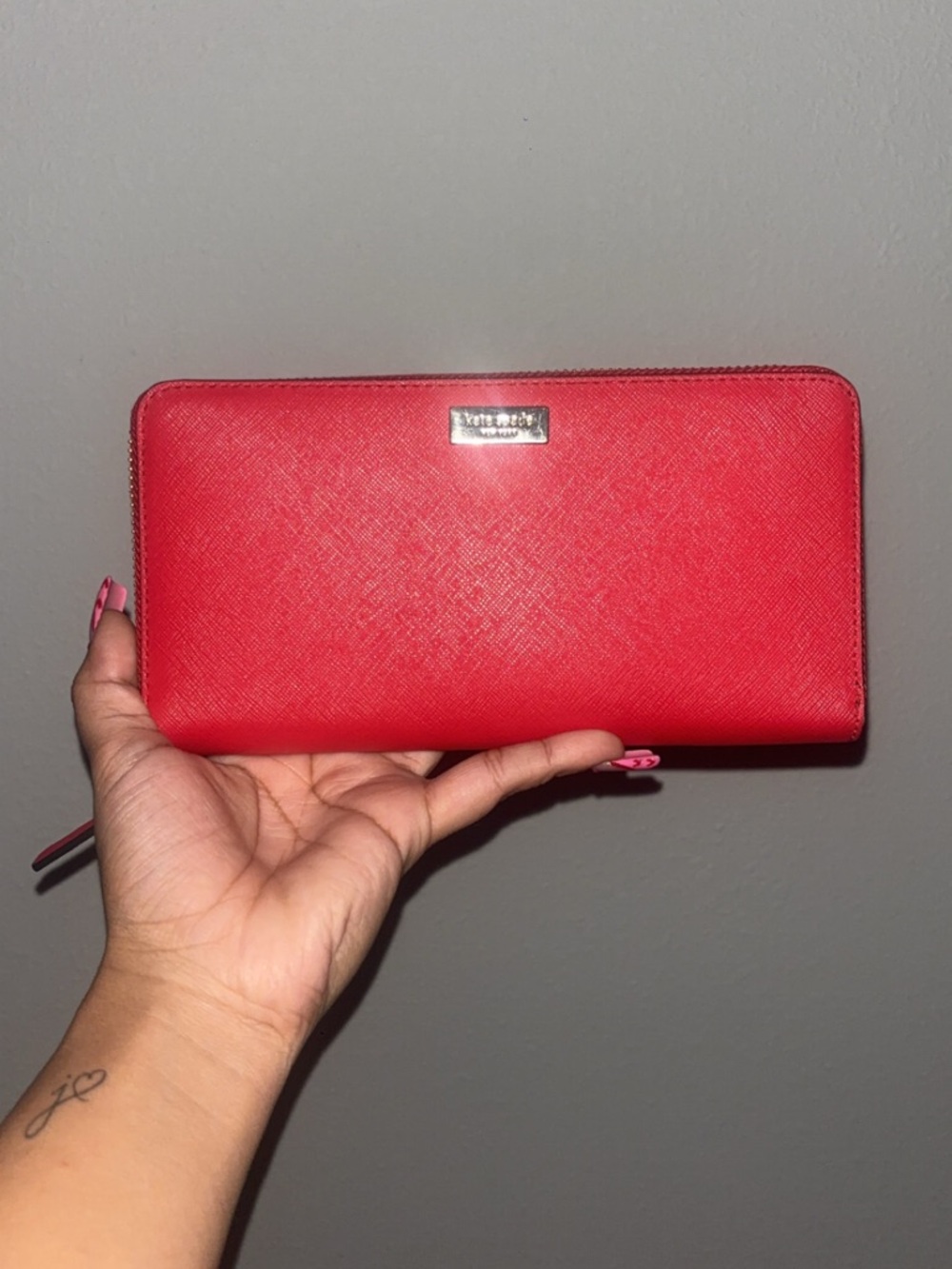Kate Spade Red Zip Around Wallet with Metal Logo Plate